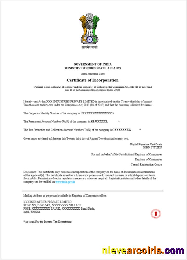 India certificate of incorporation registration